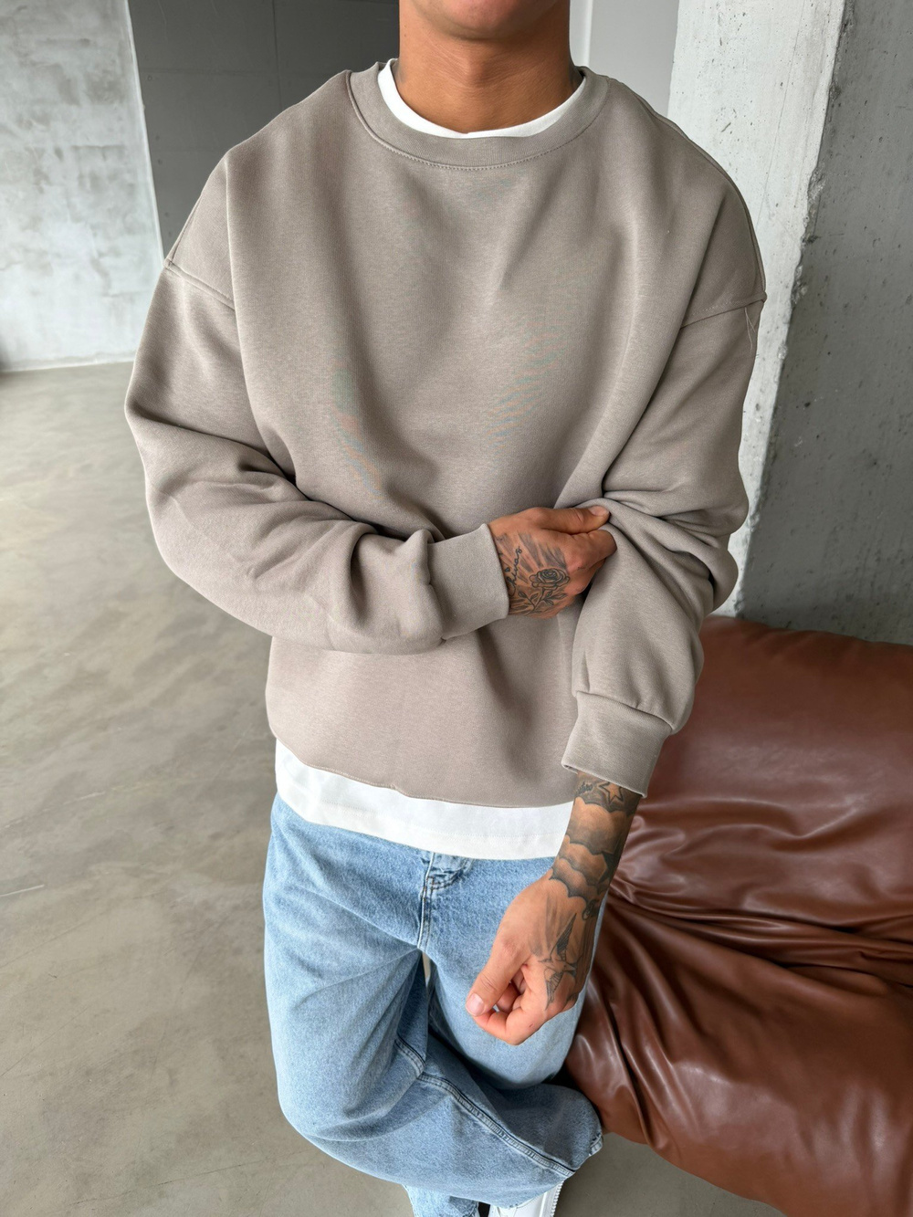 Düz Basic Bisiklet Yaka Sweat - Taş