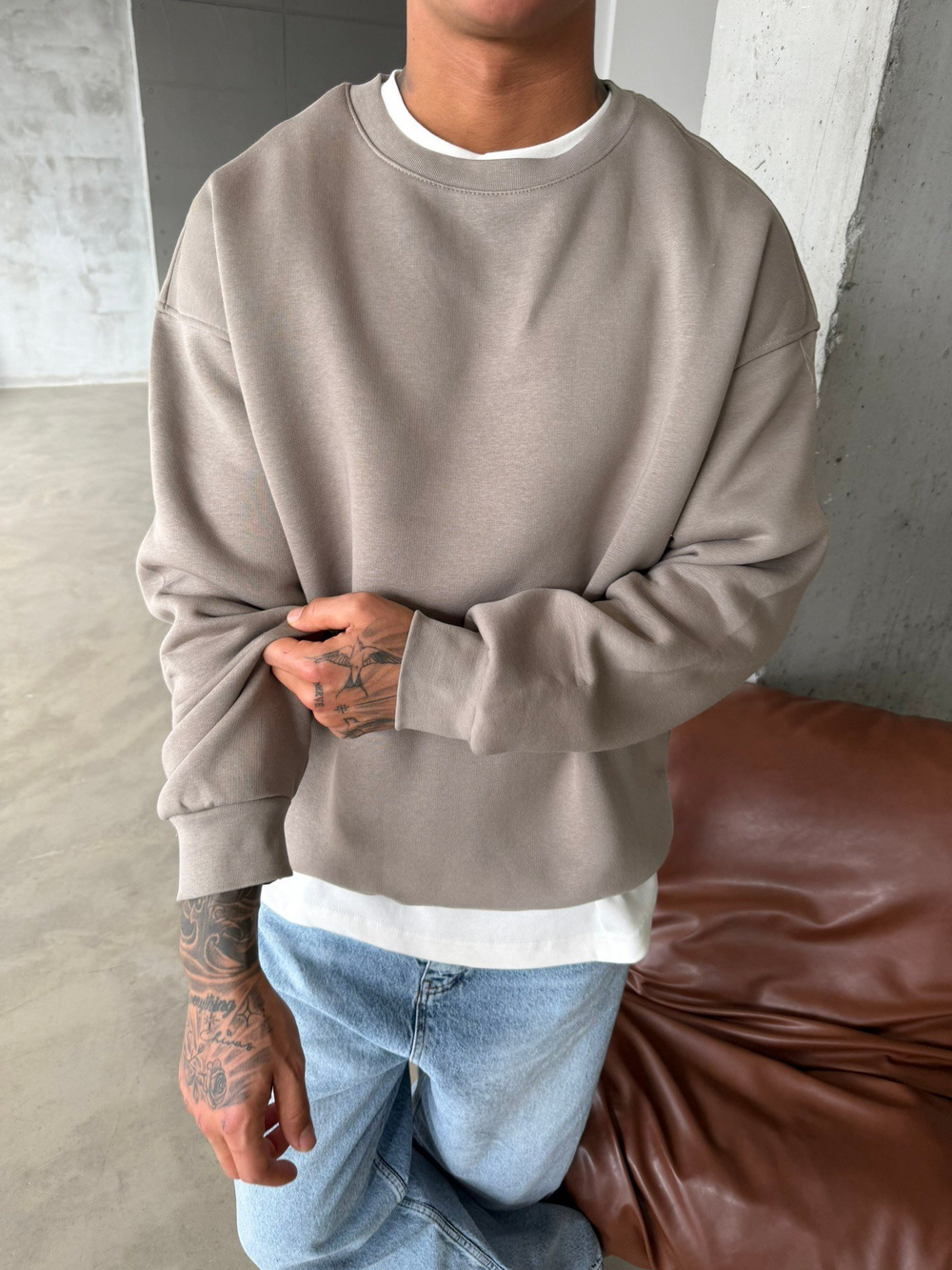 Düz Basic Bisiklet Yaka Sweat - Taş