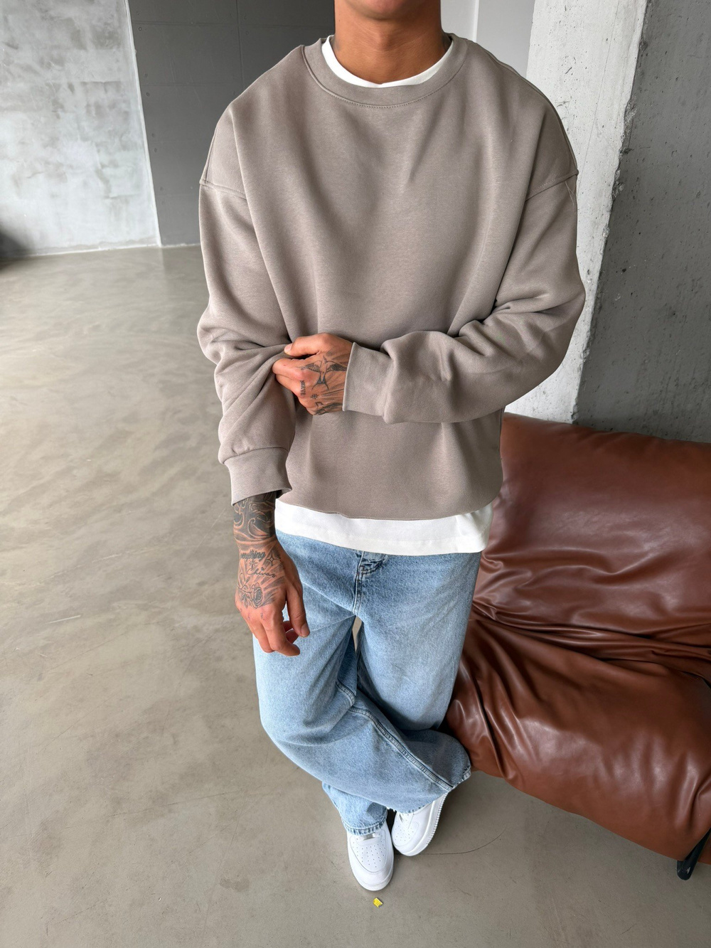 Düz Basic Bisiklet Yaka Sweat - Taş