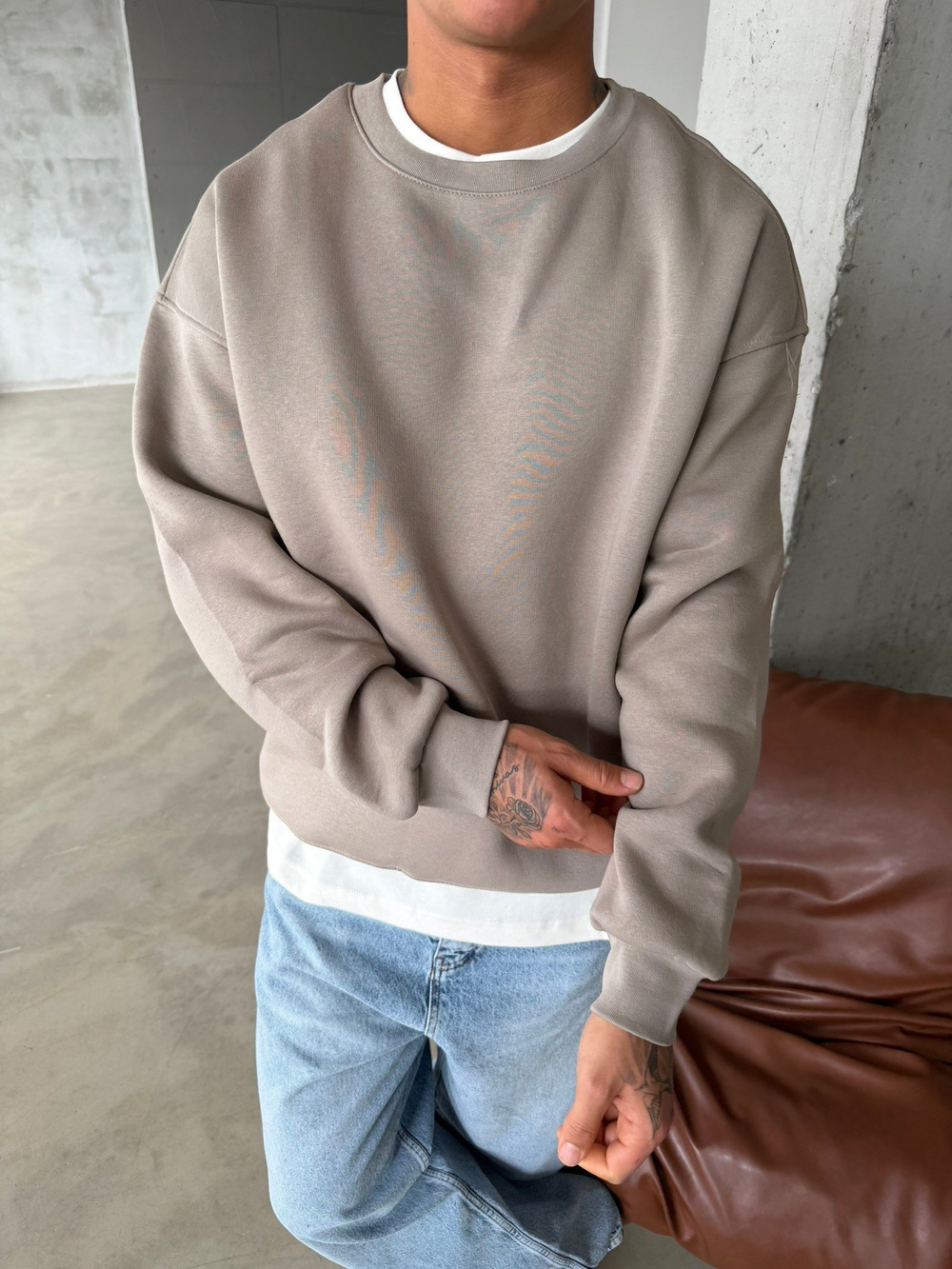 Düz Basic Bisiklet Yaka Sweat - Taş