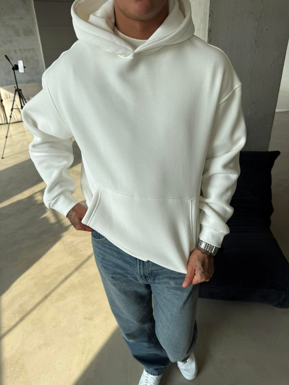 Düz Basic Kapuşonlu Sweatshirt - Beyaz