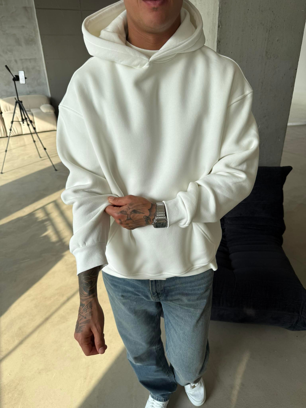 Düz Basic Kapuşonlu Sweatshirt - Beyaz