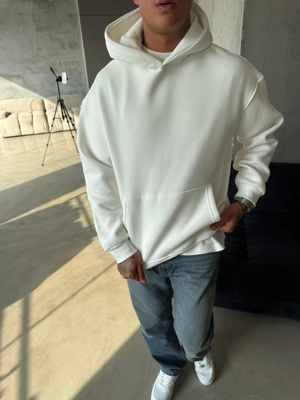 Düz Basic Kapuşonlu Sweatshirt - Beyaz