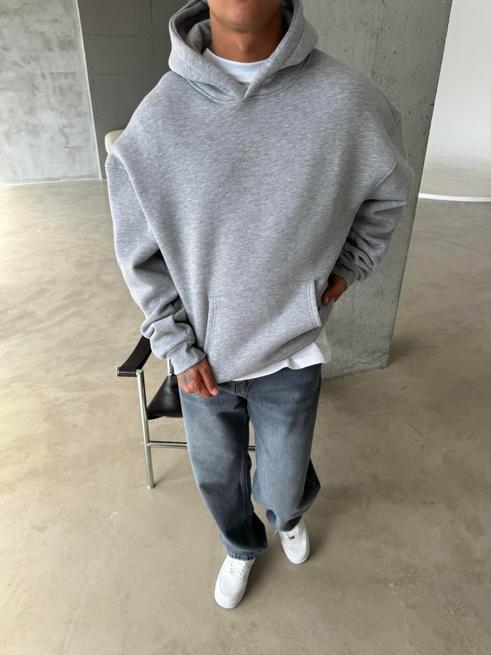 Düz Basic Kapüşonlu Sweatshirt - Gri