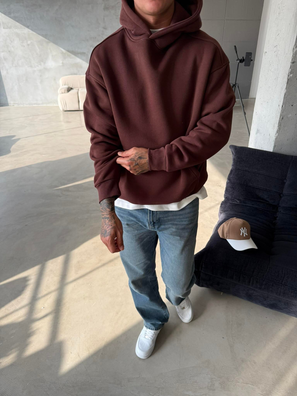 Düz Basic Kapuşonlu Sweatshirt - Kahve