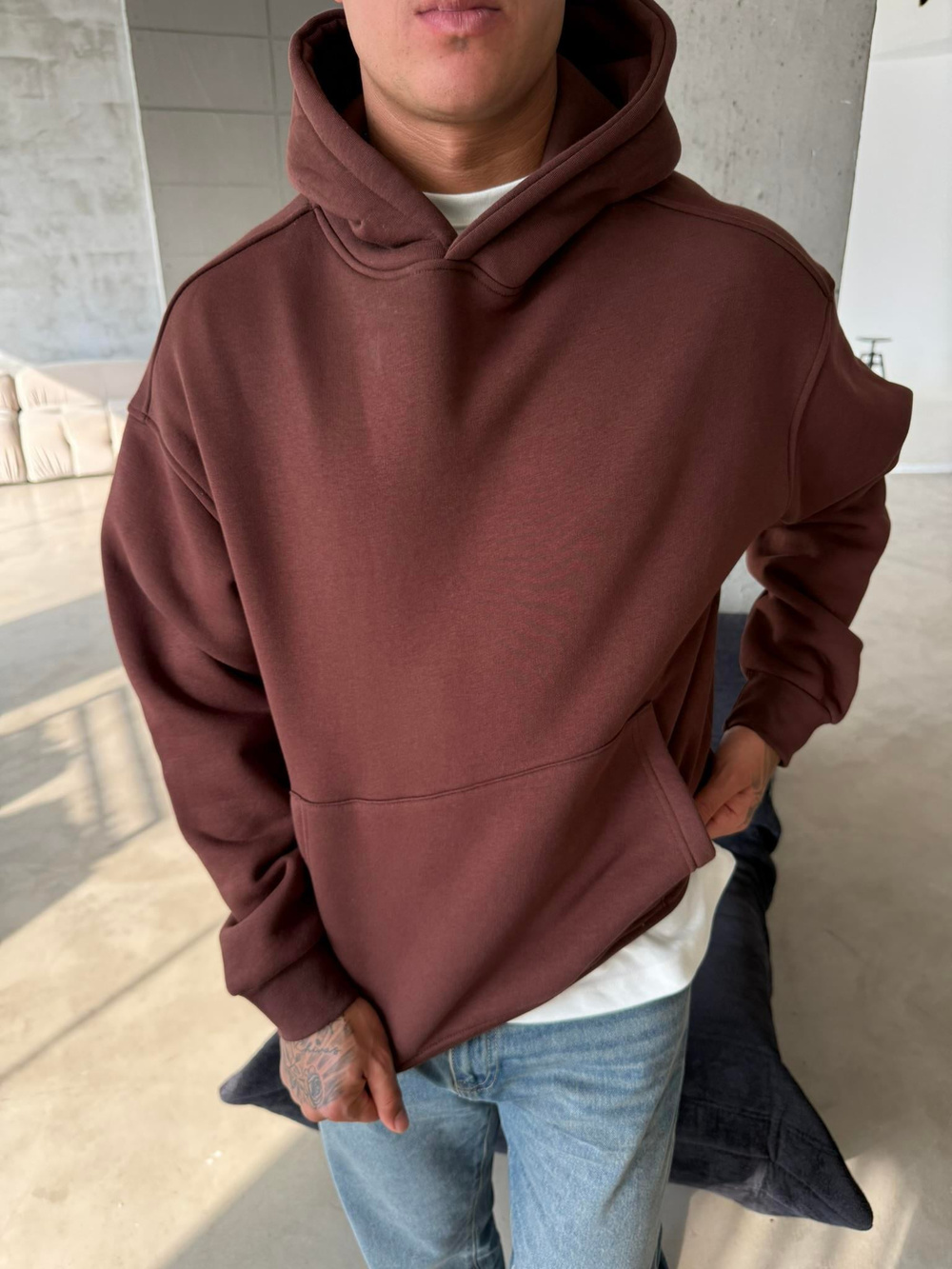 Düz Basic Kapuşonlu Sweatshirt - Kahve