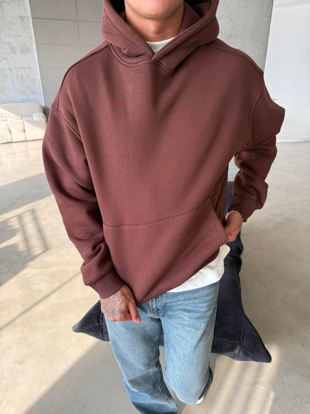 Düz Basic Kapuşonlu Sweatshirt - Kahve