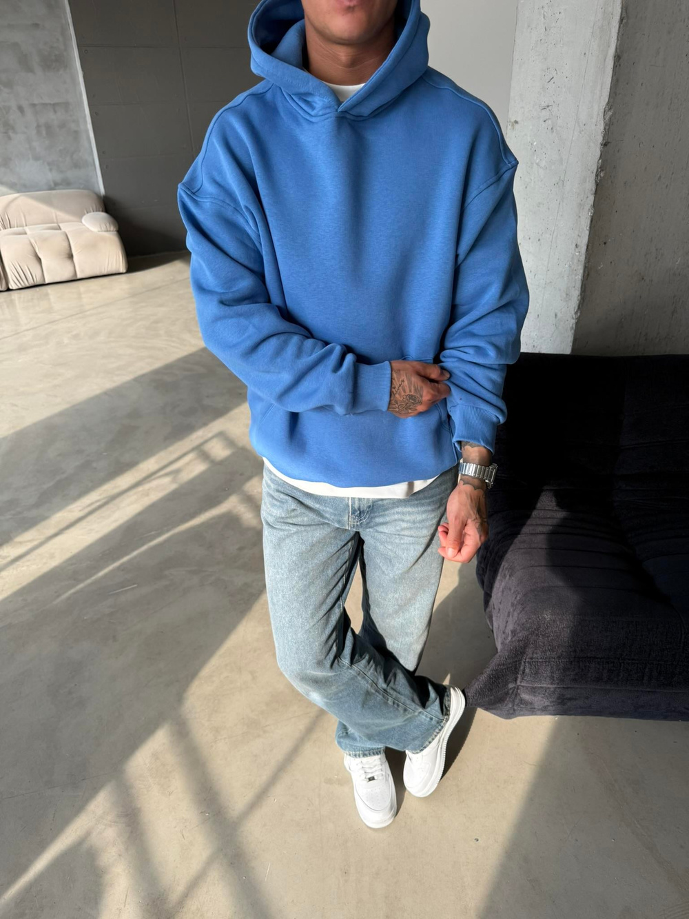 Düz Basic Kapuşonlu Sweatshirt - Mavi