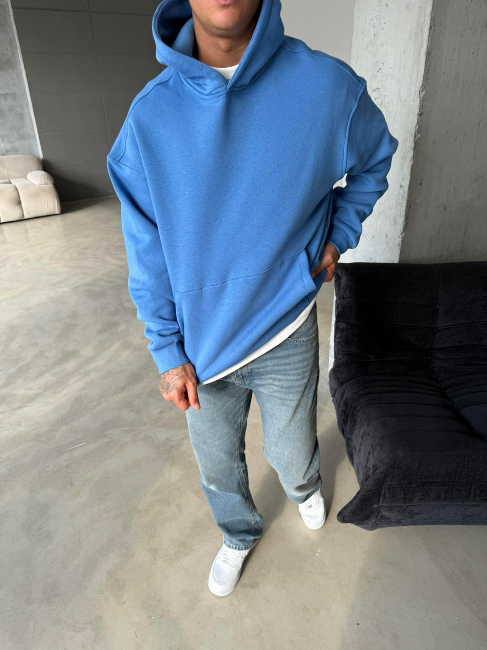 Düz Basic Kapuşonlu Sweatshirt - Mavi