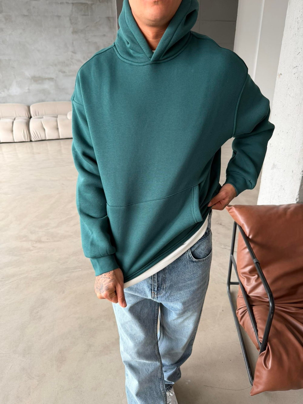 Düz Basic Kapüşonlu Sweatshirt - Yeşil