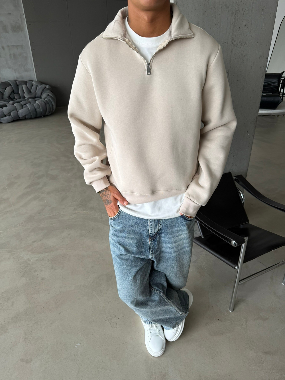 Düz Basic Yarım Fermuarlı Zip Sweat -  Bej
