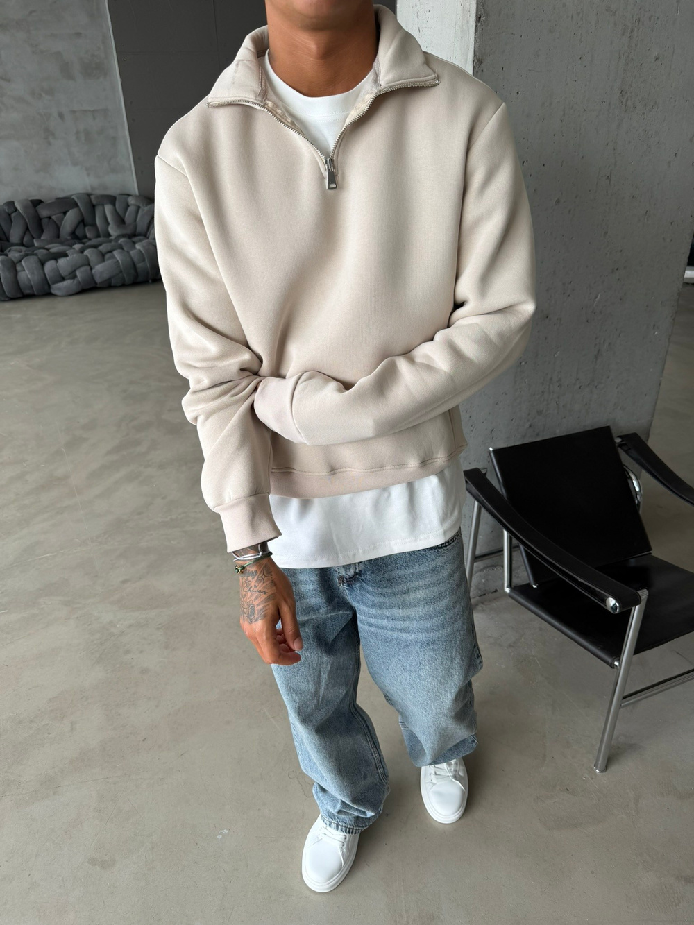 Düz Basic Yarım Fermuarlı Zip Sweat -  Bej
