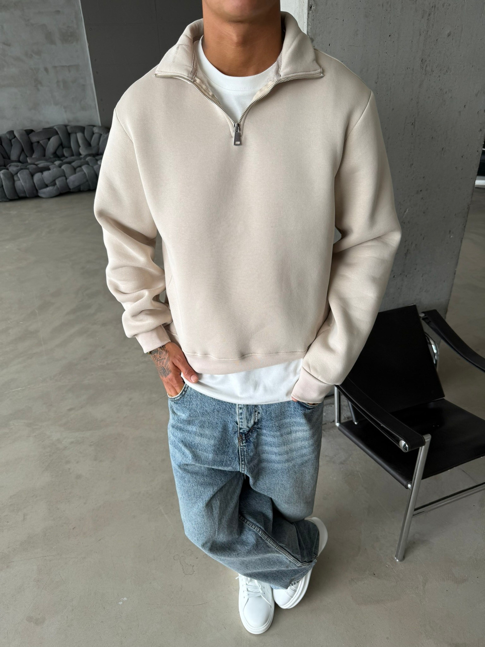 Düz Basic Yarım Fermuarlı Zip Sweat -  Bej
