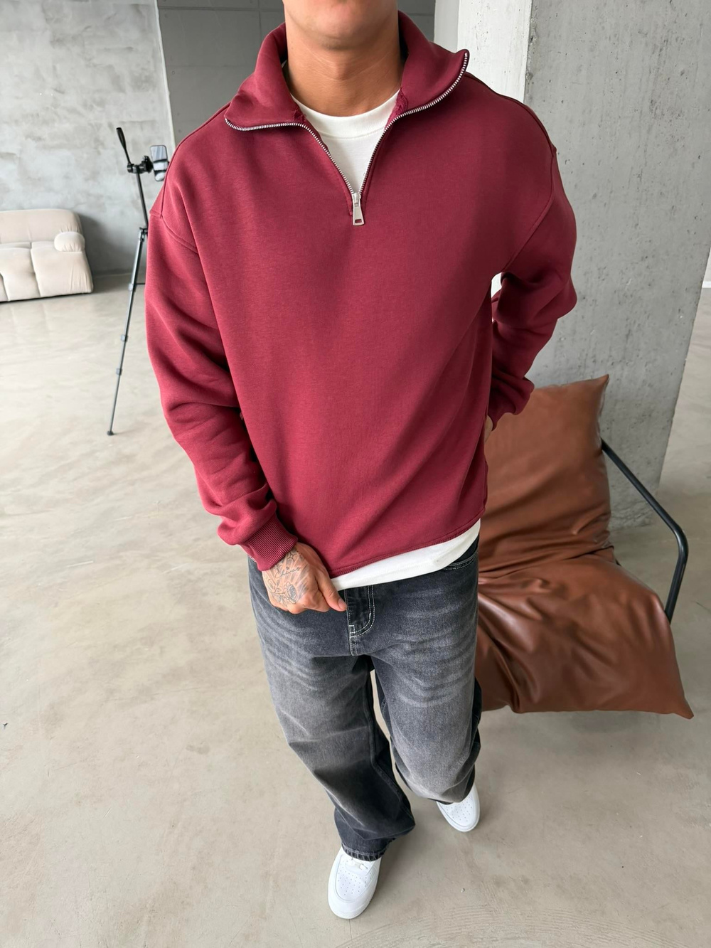 Düz Basic Yarım Fermuarlı Zip Sweat -  Bordo