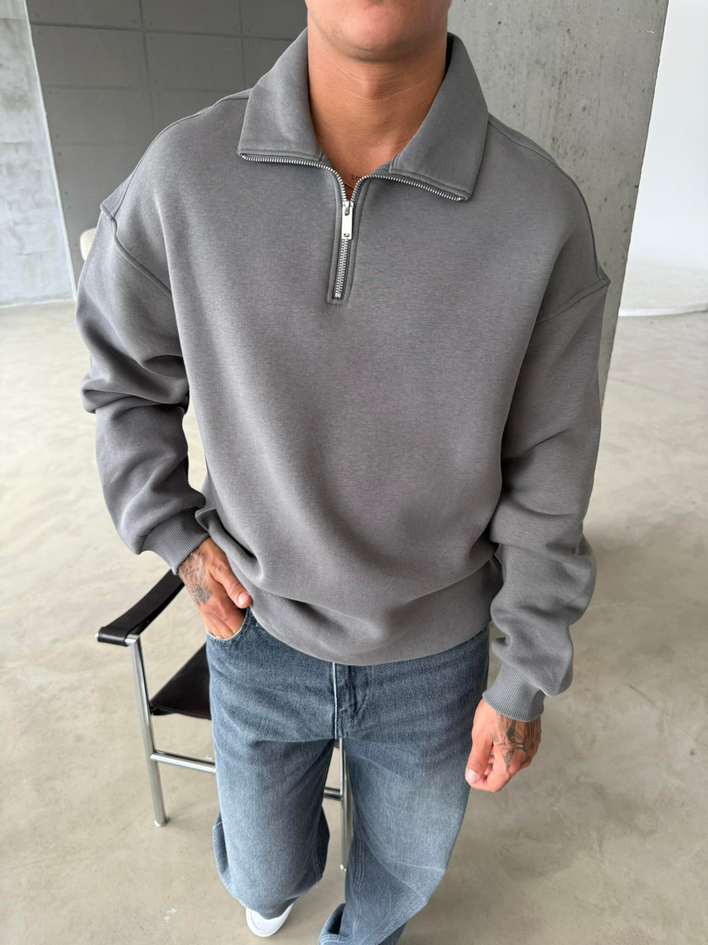 Düz Basic Yarım Fermuarlı Zip Sweat - Füme