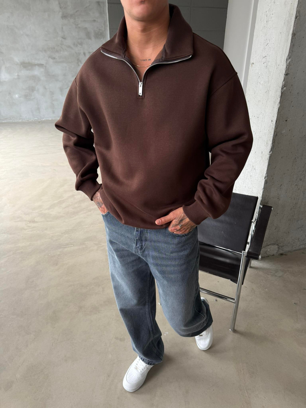 Düz Basic Yarım Fermuarlı Zip Sweat - Kahve
