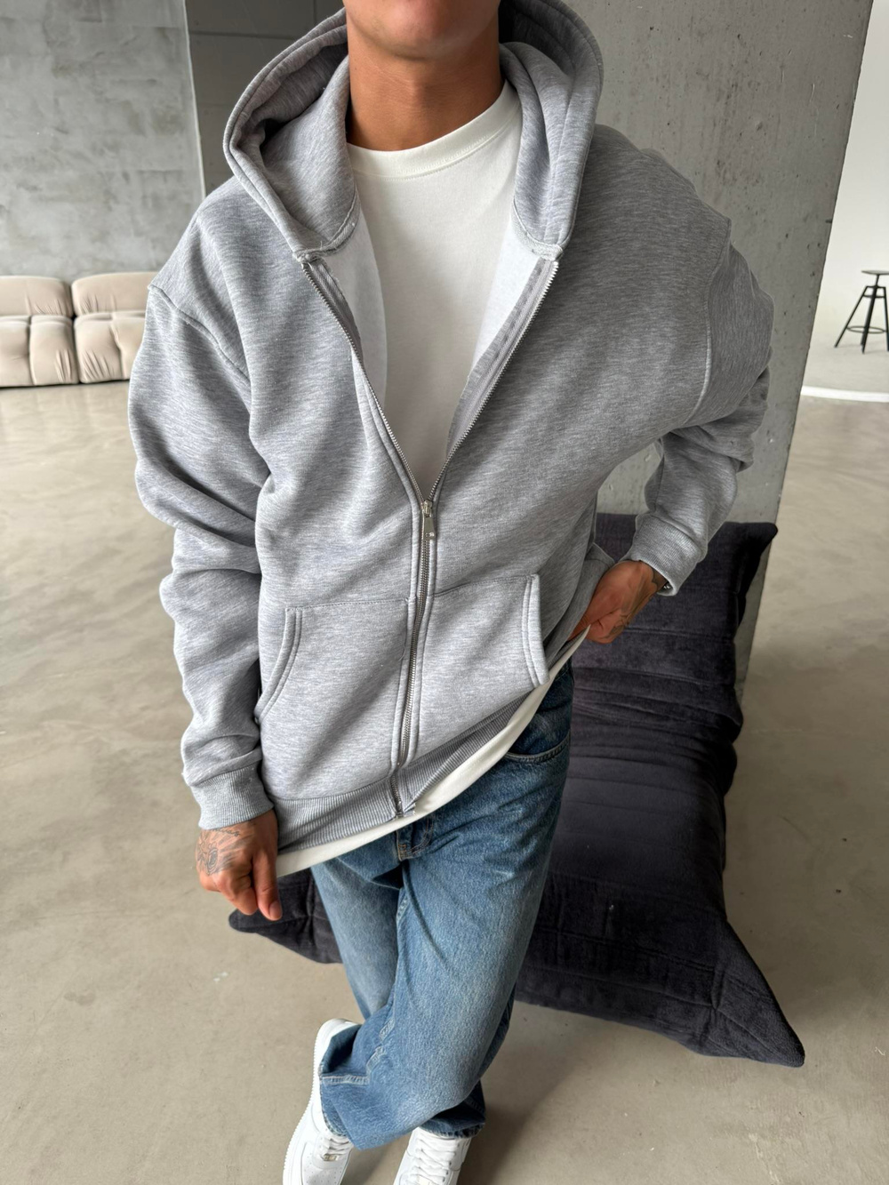 Düz Basic Zip hırka - Gri