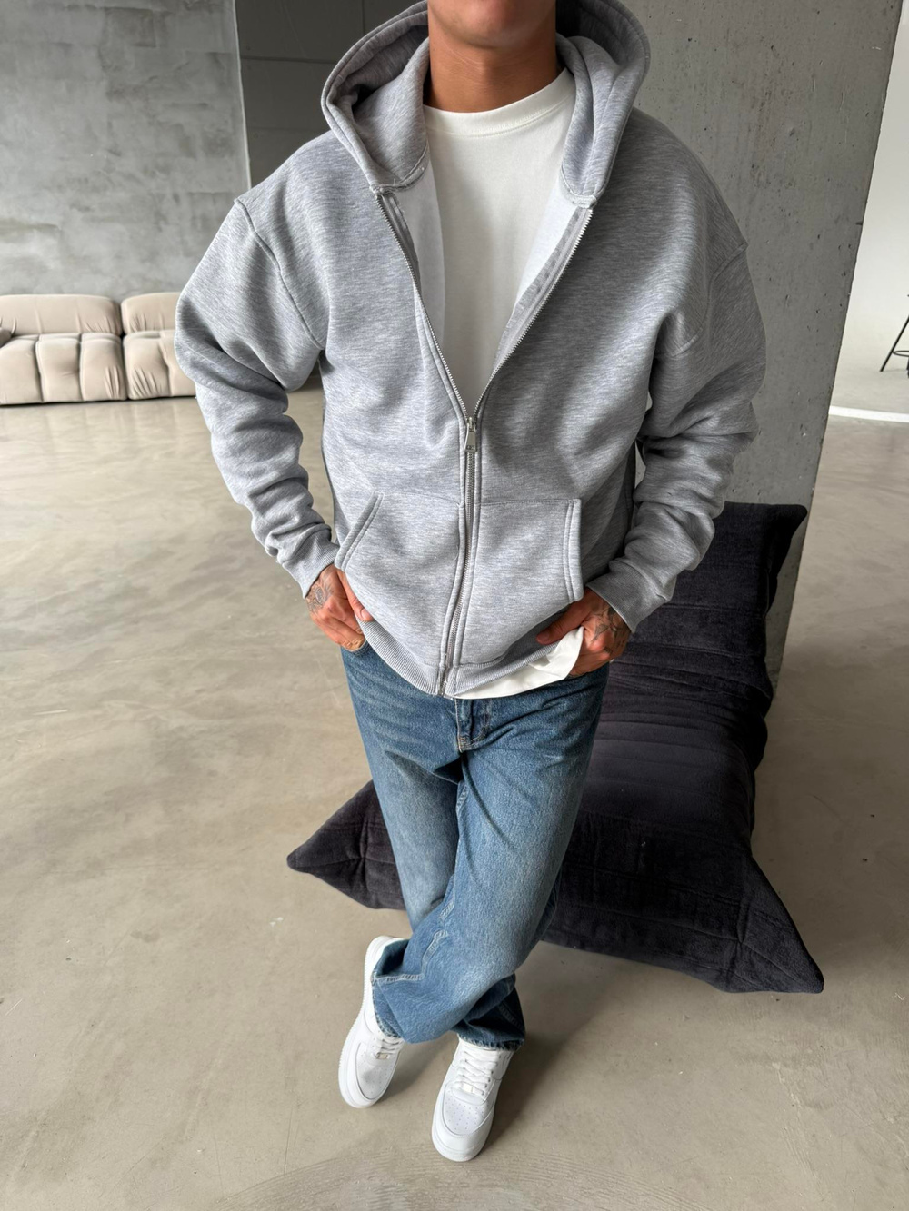 Düz Basic Zip hırka - Gri