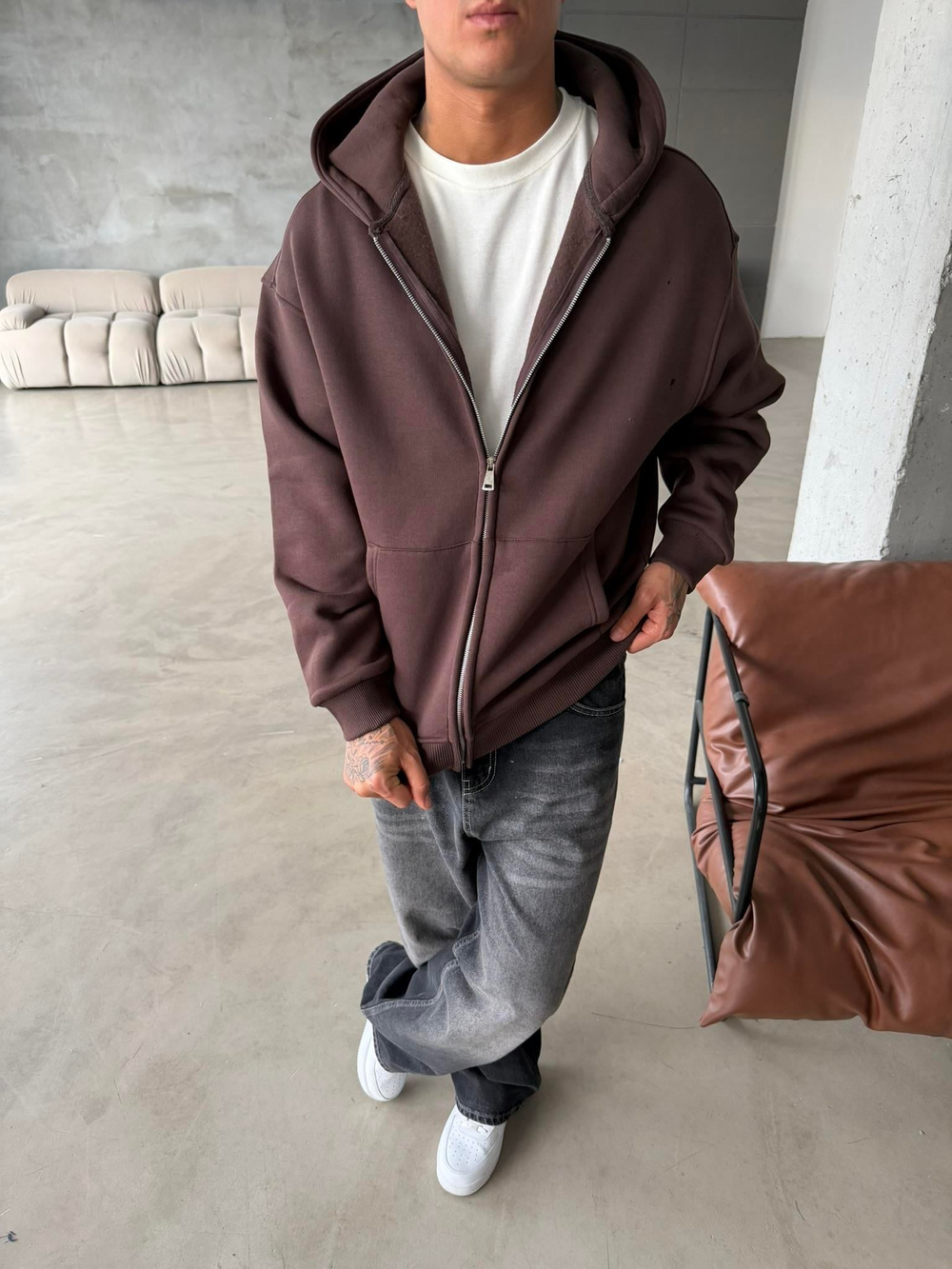 Düz Basic Zip hırka - Kahve