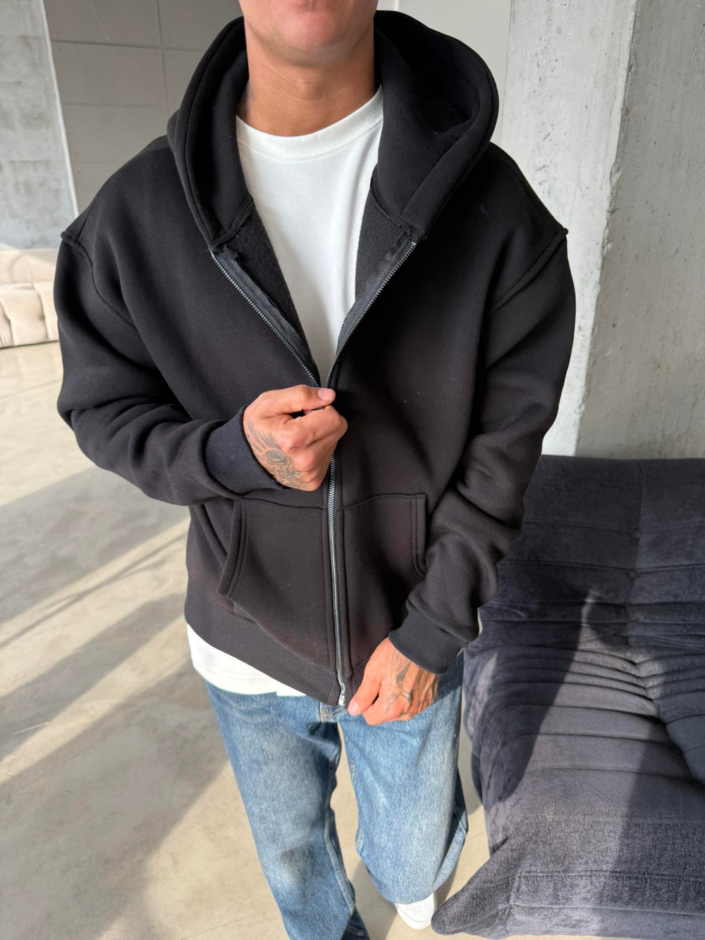 Düz Basic Zip hırka - Siyah