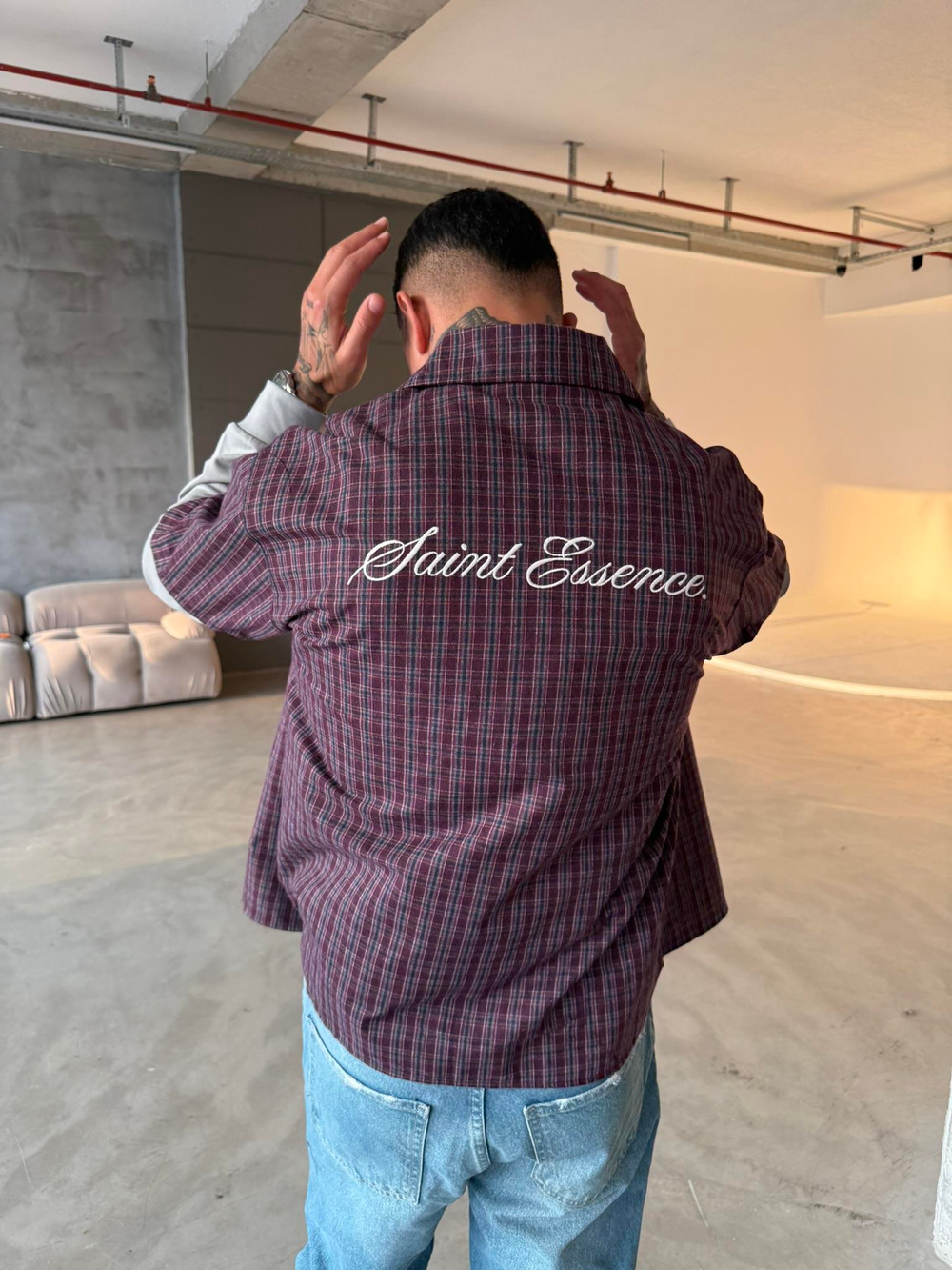 Ekose Eklem Kol Detaylı Gömlek - Bordo