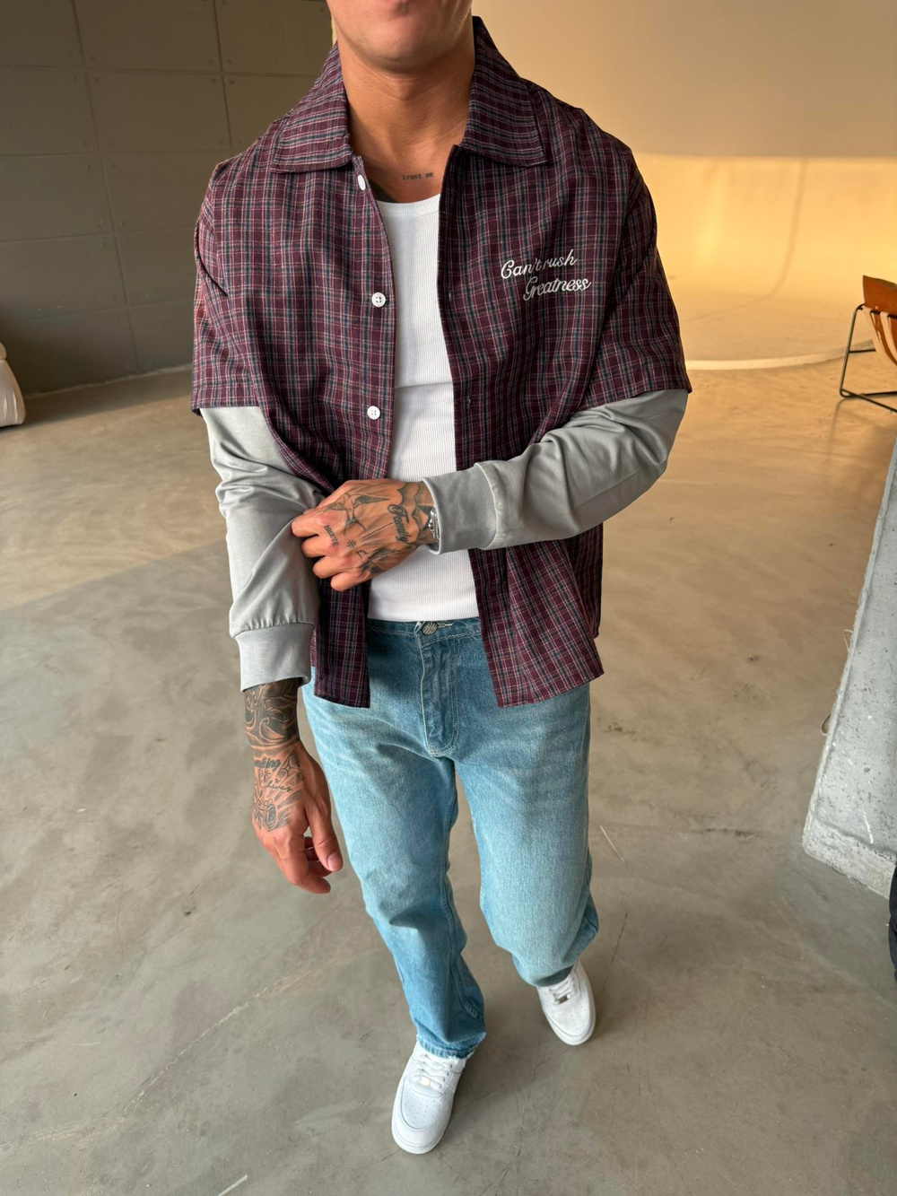 Ekose Eklem Kol Detaylı Gömlek - Bordo