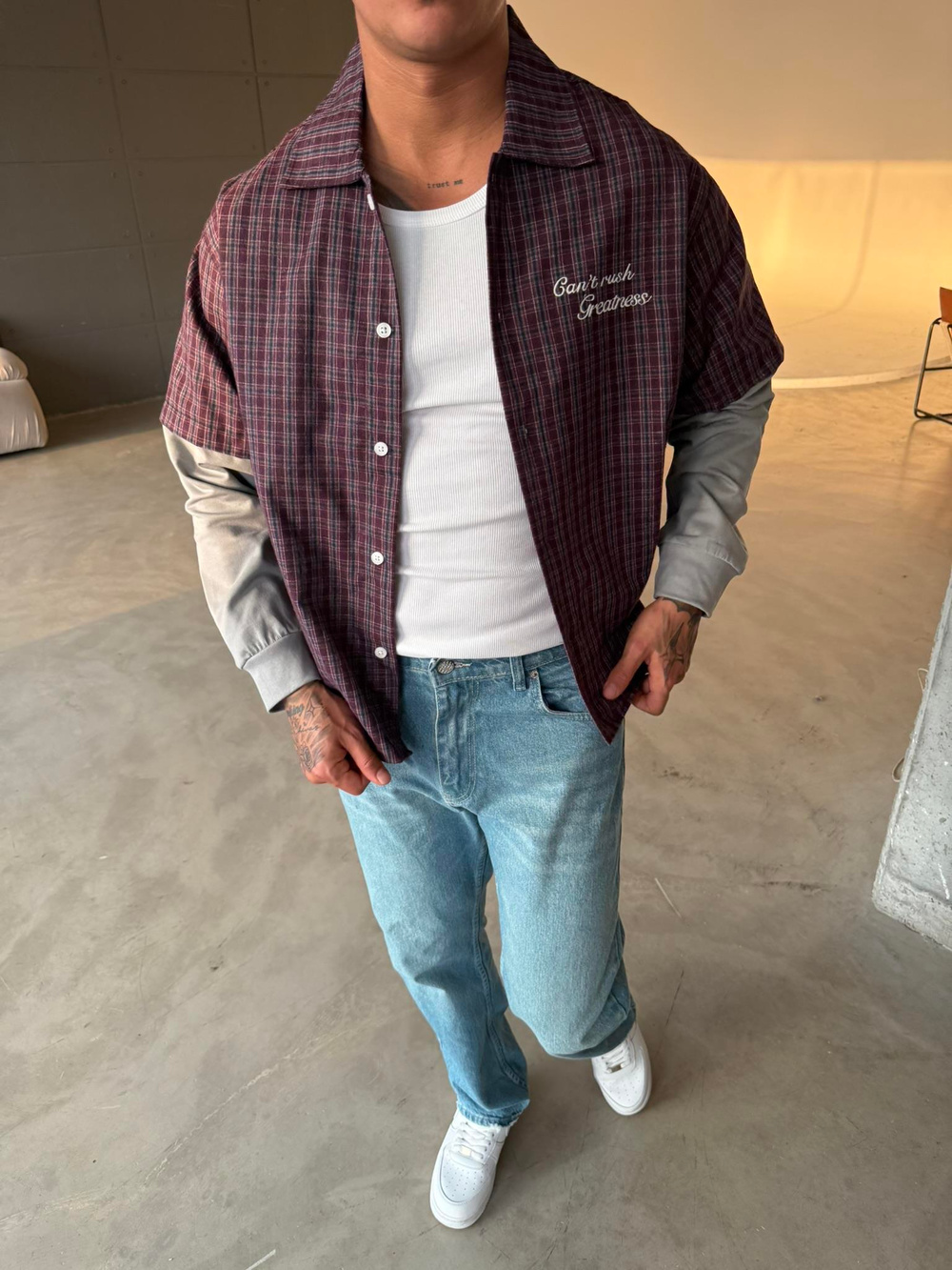 Ekose Eklem Kol Detaylı Gömlek - Bordo