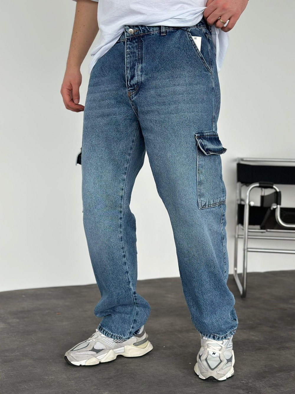 Erkek Baggy Fit Kargo Cepli Jean Kot Pantolon Mavi