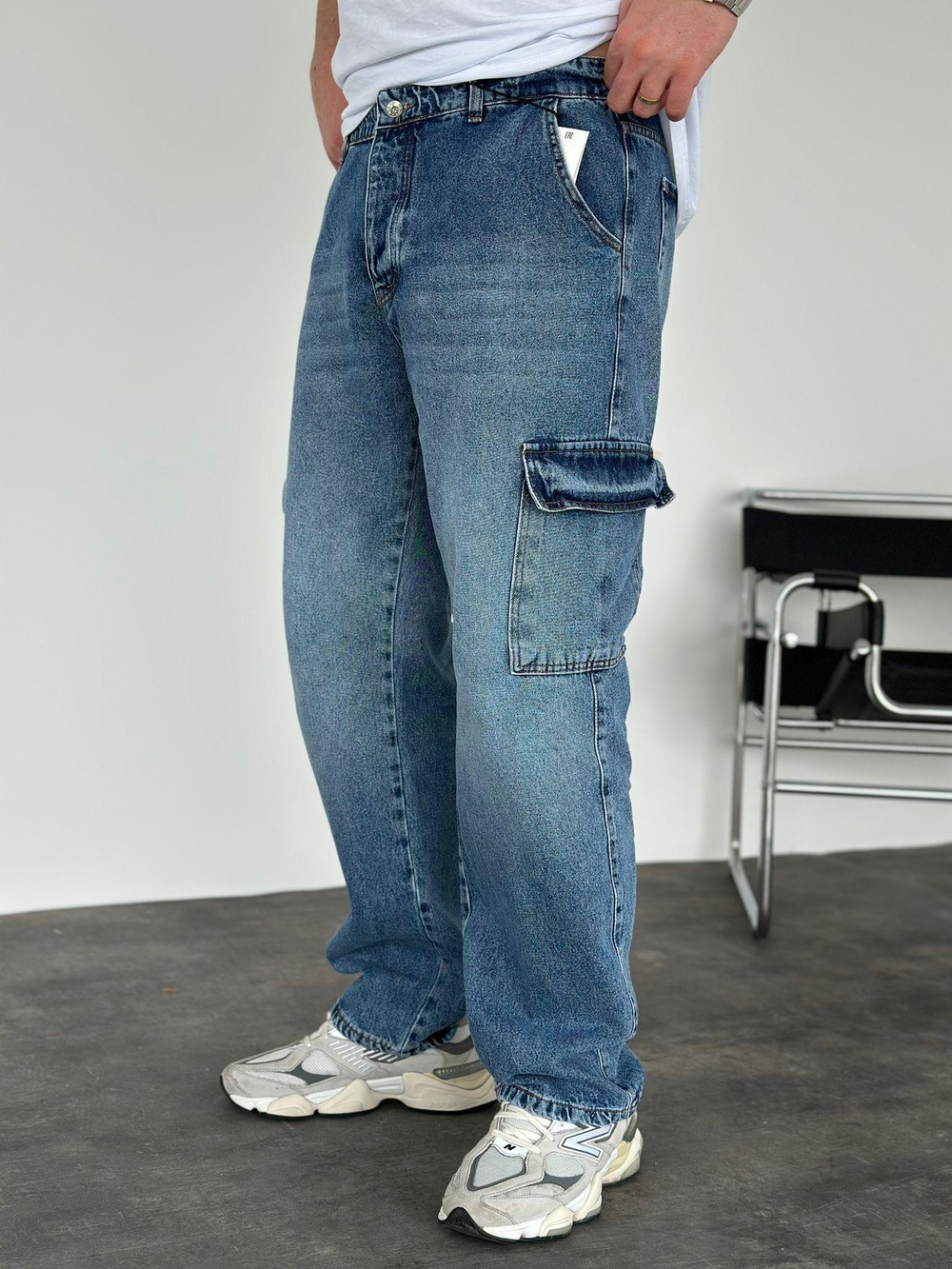 Erkek Baggy Fit Kargo Cepli Jean Kot Pantolon Mavi
