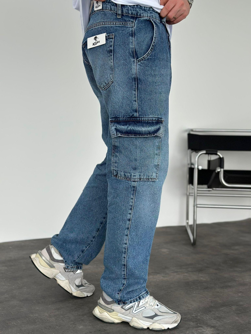 Erkek Baggy Fit Kargo Cepli Jean Kot Pantolon Mavi