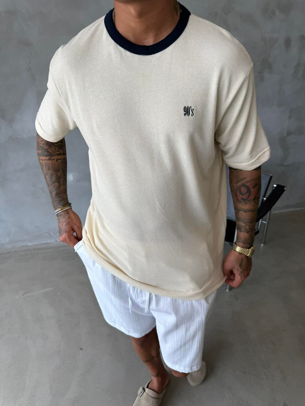 Erkek Oversize Basic 90s T-Shirt - Bej