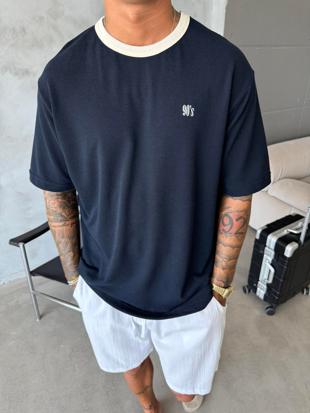 Erkek Oversize Basic 90s T-Shirt - Lacivert