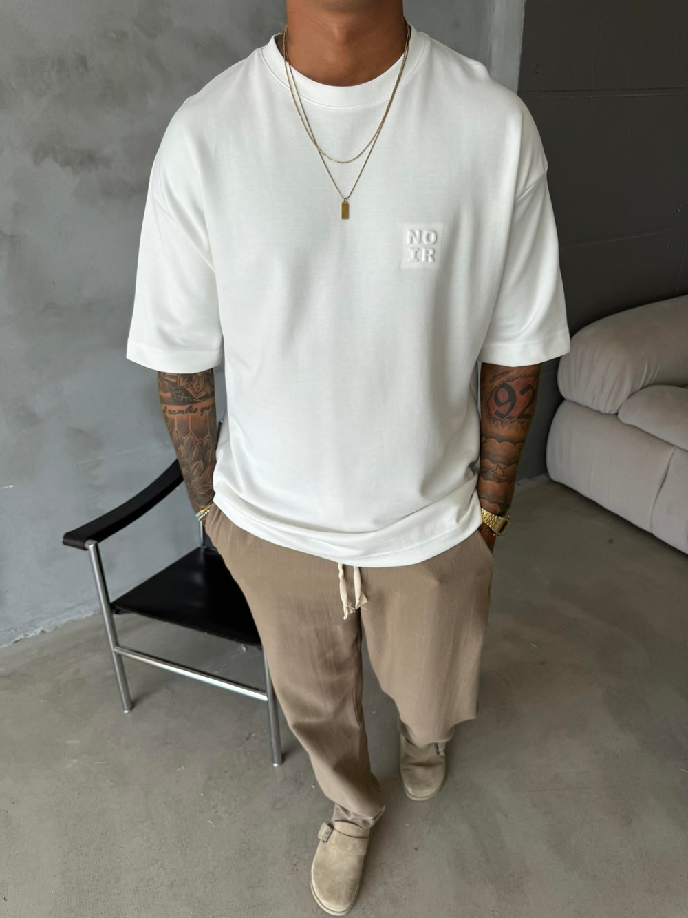 Erkek Oversize Basic NO IR T-Shirt - Beyaz
