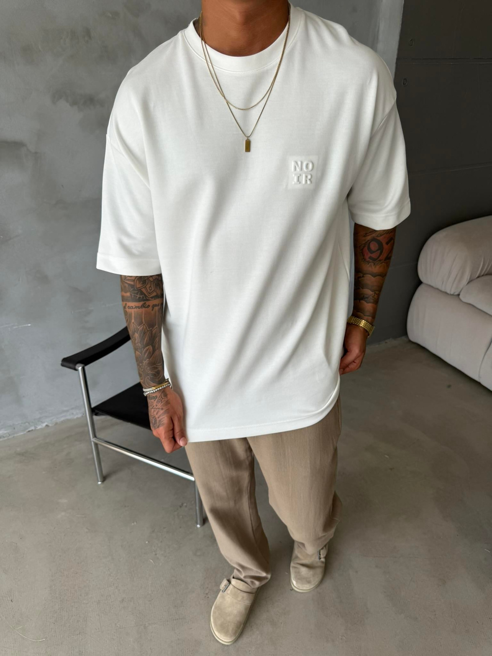 Erkek Oversize Basic NO IR T-Shirt - Beyaz