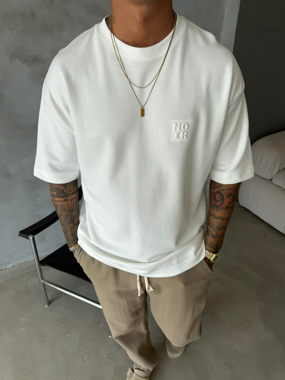 Erkek Oversize Basic NO IR T-Shirt - Beyaz
