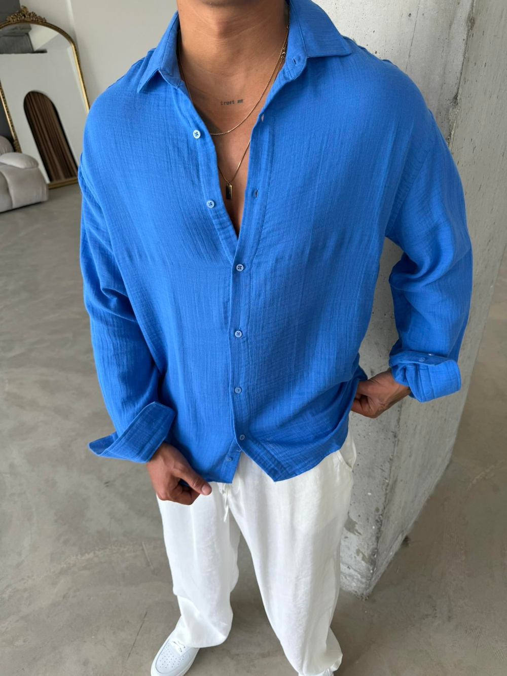 Erkek Oversize Fit Uzun Kollu Müslin Gömlek - Mavi