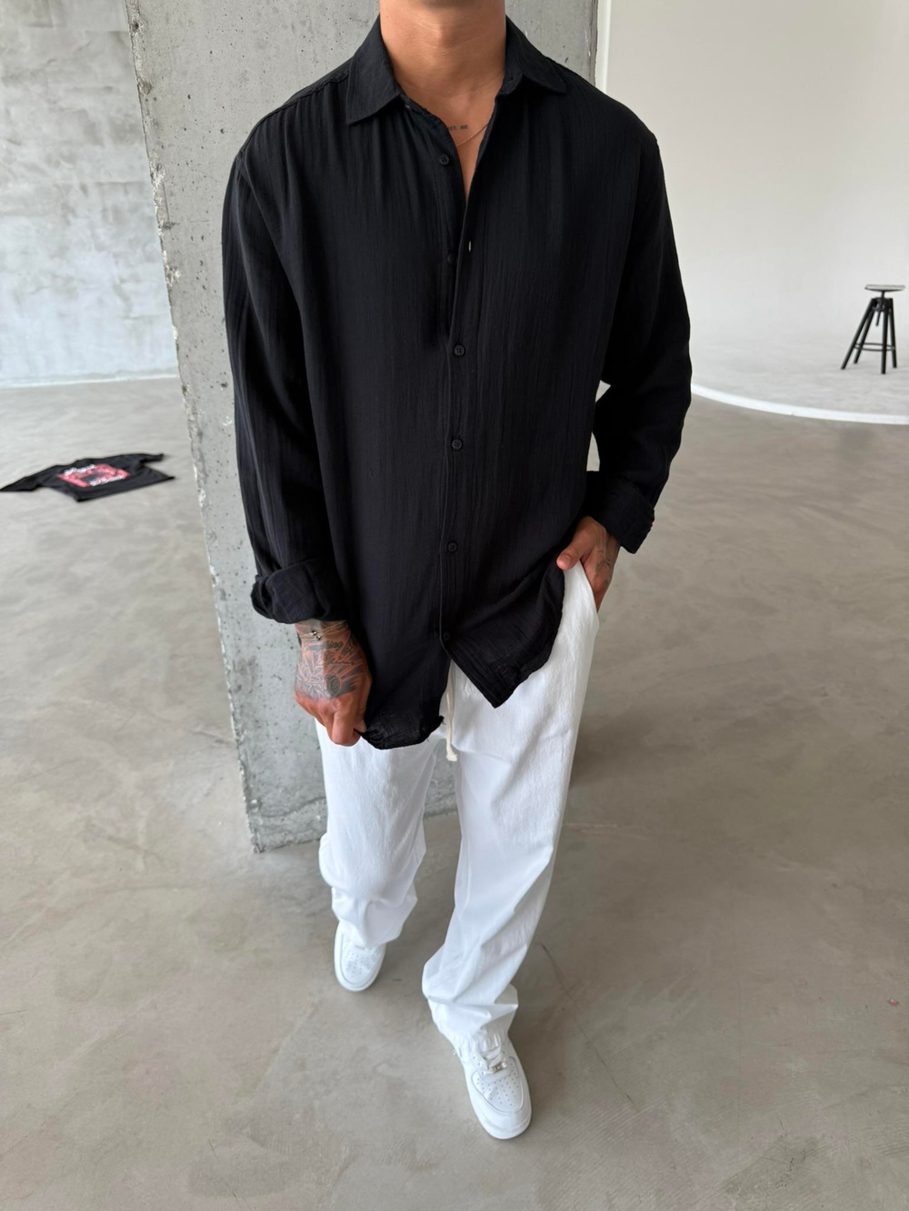 Erkek Oversize Fit Uzun Kollu Müslin Gömlek - Siyah