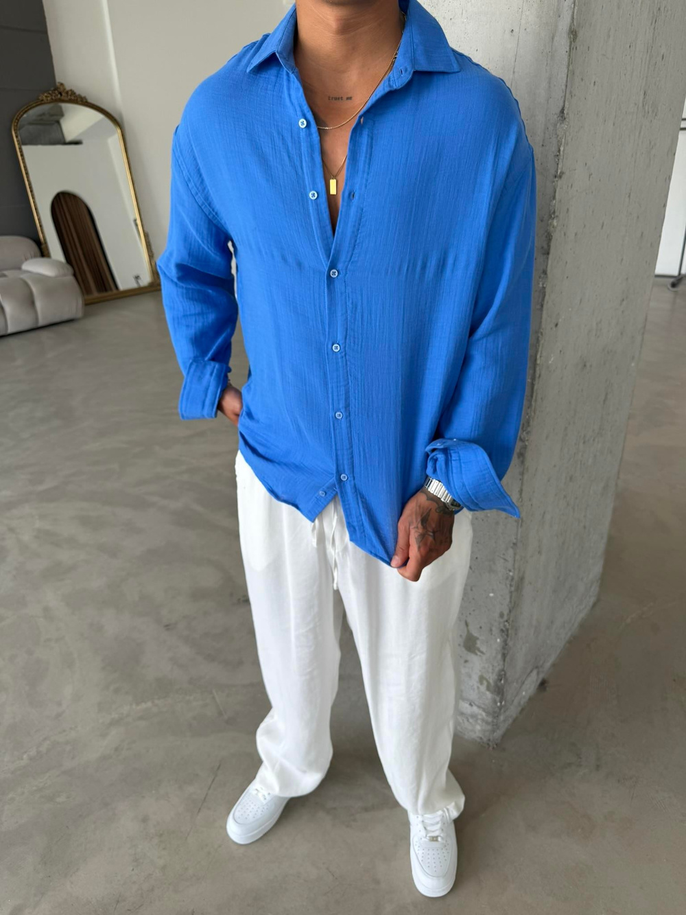 Erkek Oversize Fit Uzun Kollu Müslin Gömlek - Mavi
