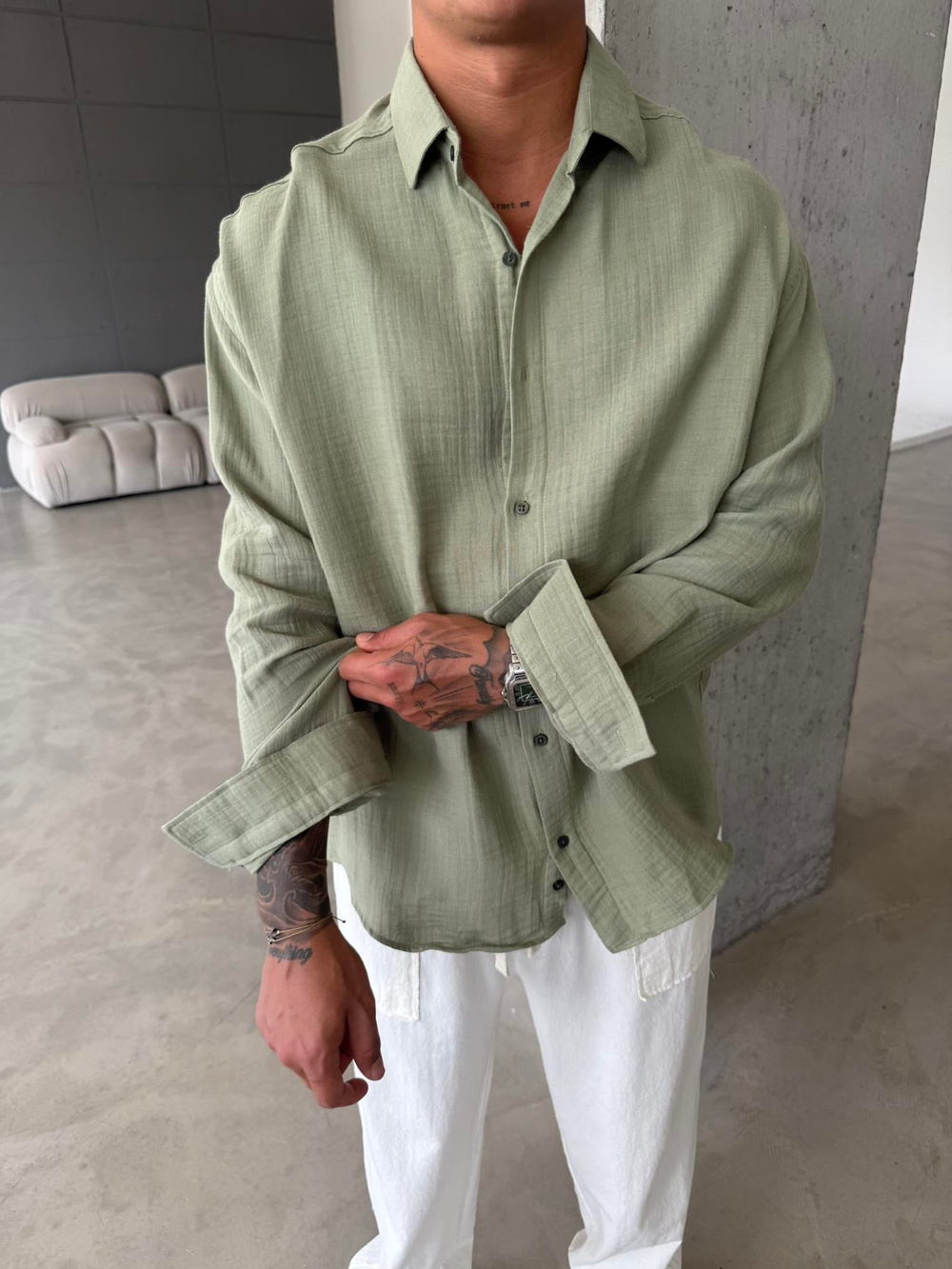 Erkek Oversize Fit Uzun Kollu Müslin Gömlek - Haki