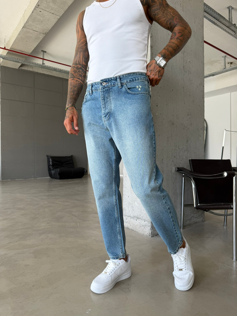 Erkek Yırtık Detaylı Boyfriend Pantolon - Mavi