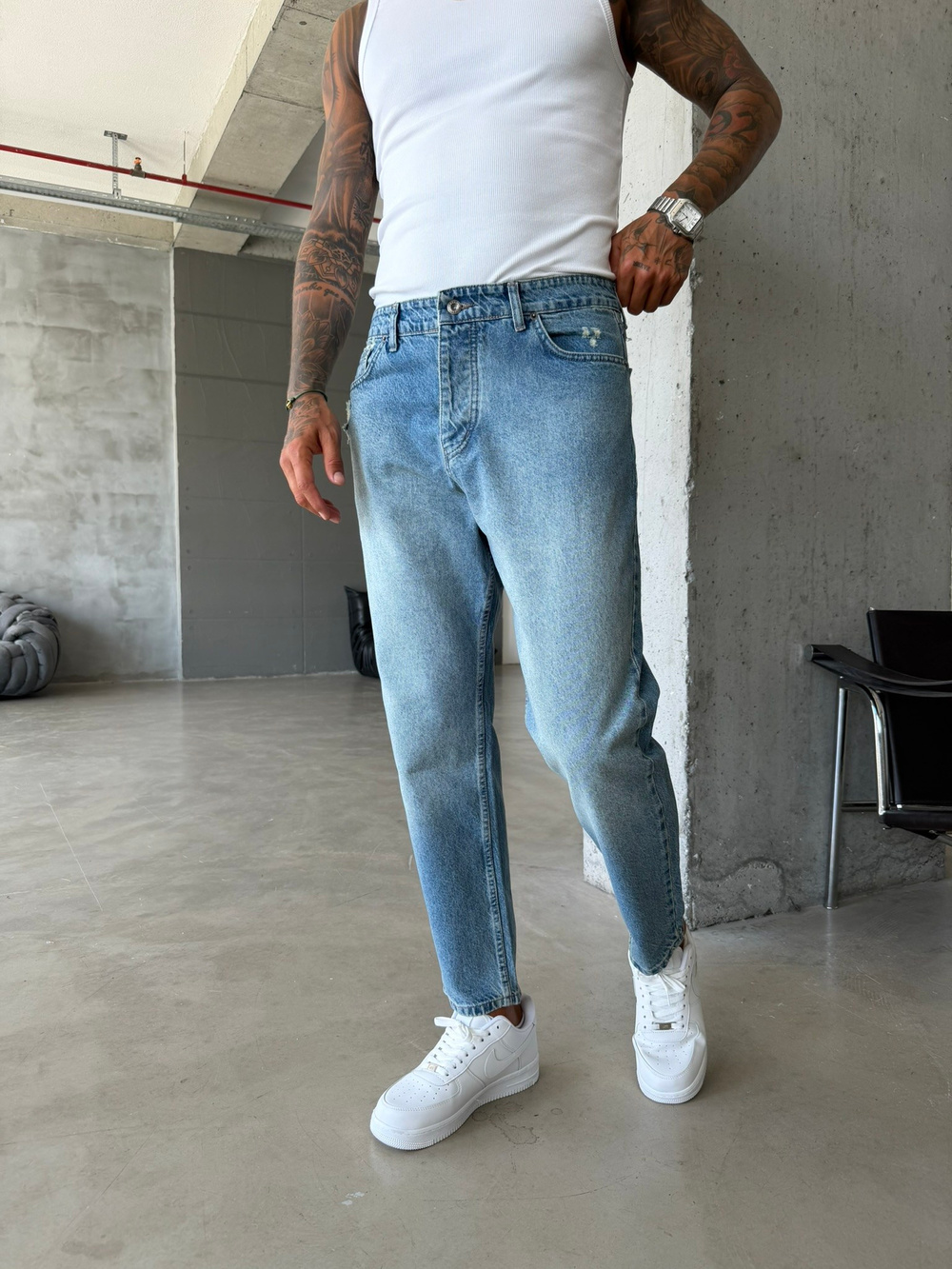 Erkek Yırtık Detaylı Boyfriend Pantolon - Mavi