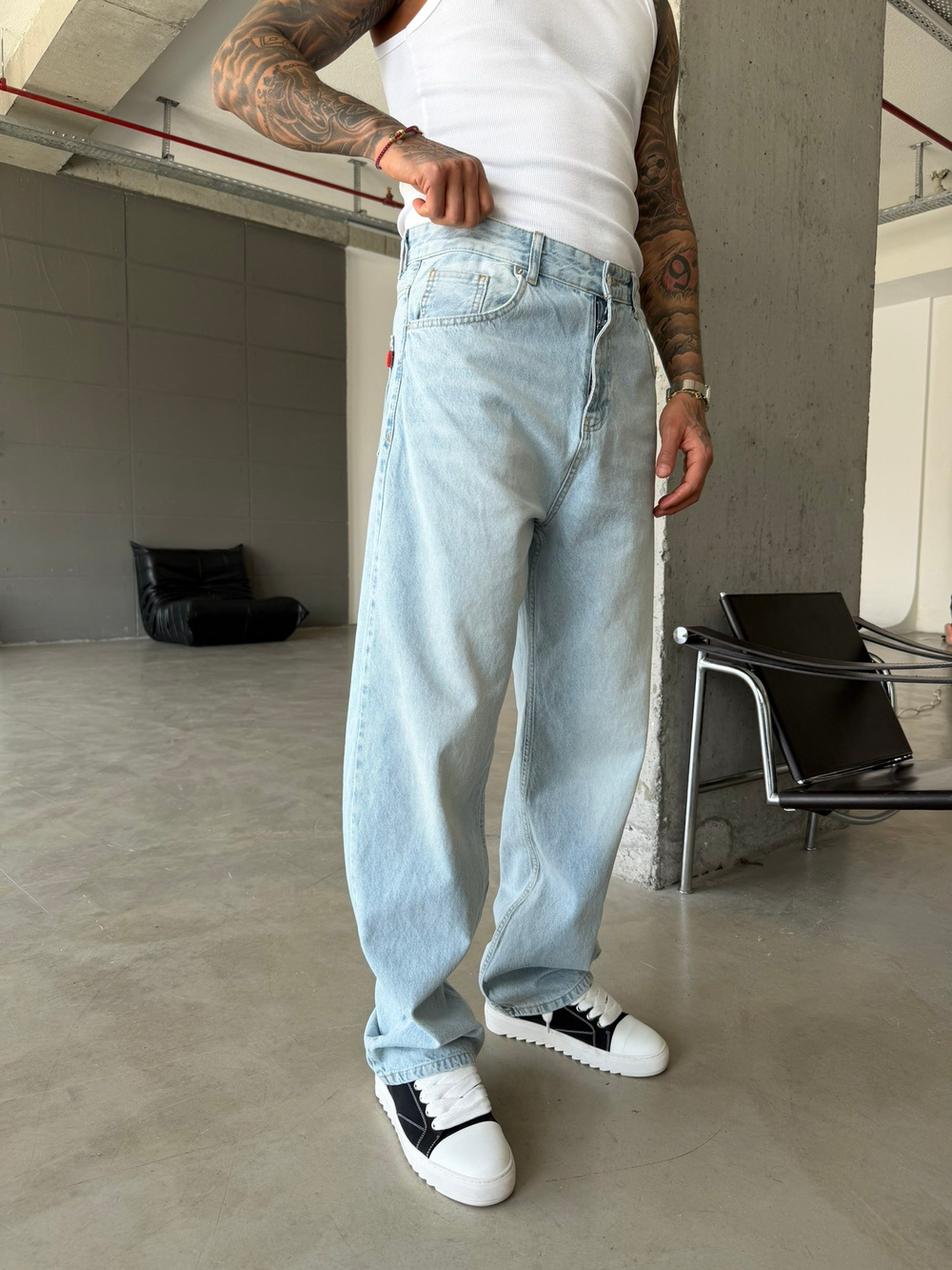 Eskitme Basic Relax Fit Baggy Pantolon - Mavi