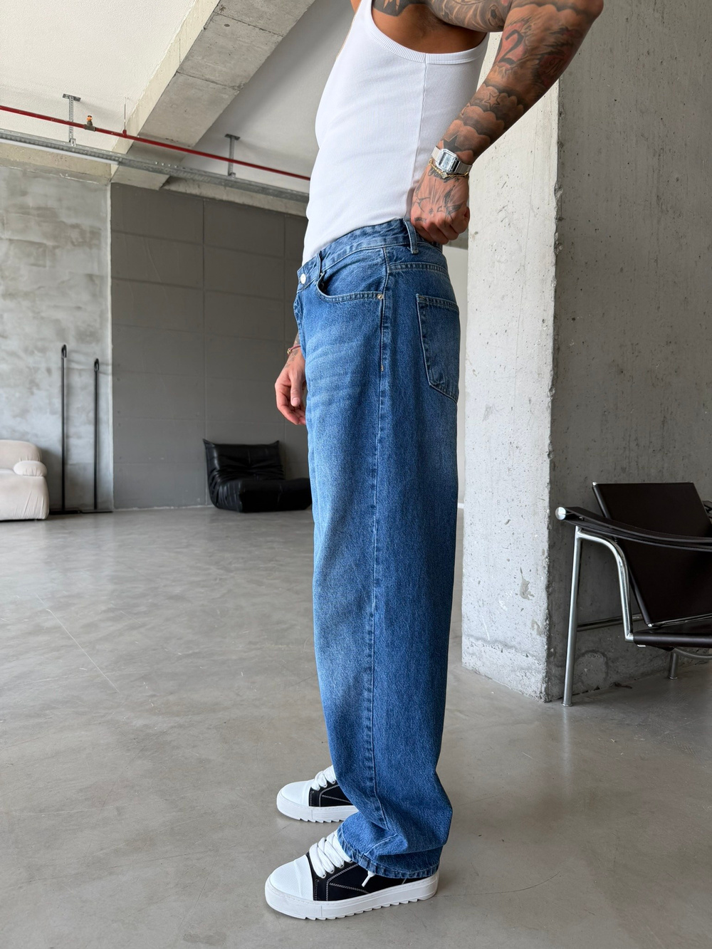Eskitme Basic Relax Fit Baggy Pantolon - Koyu Mavi