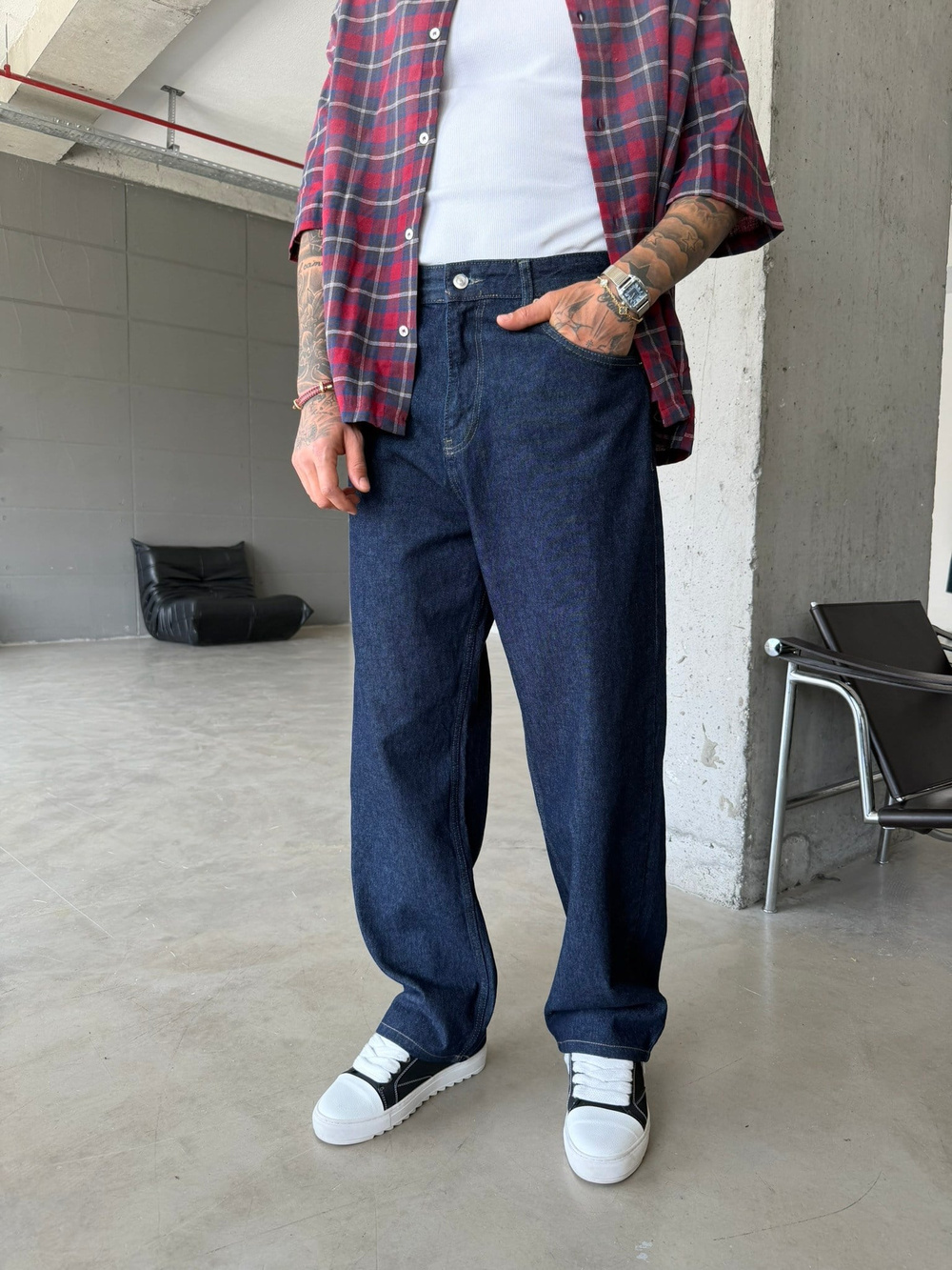 Eskitme Basic Relax Fit Baggy Pantolon -Lacivert