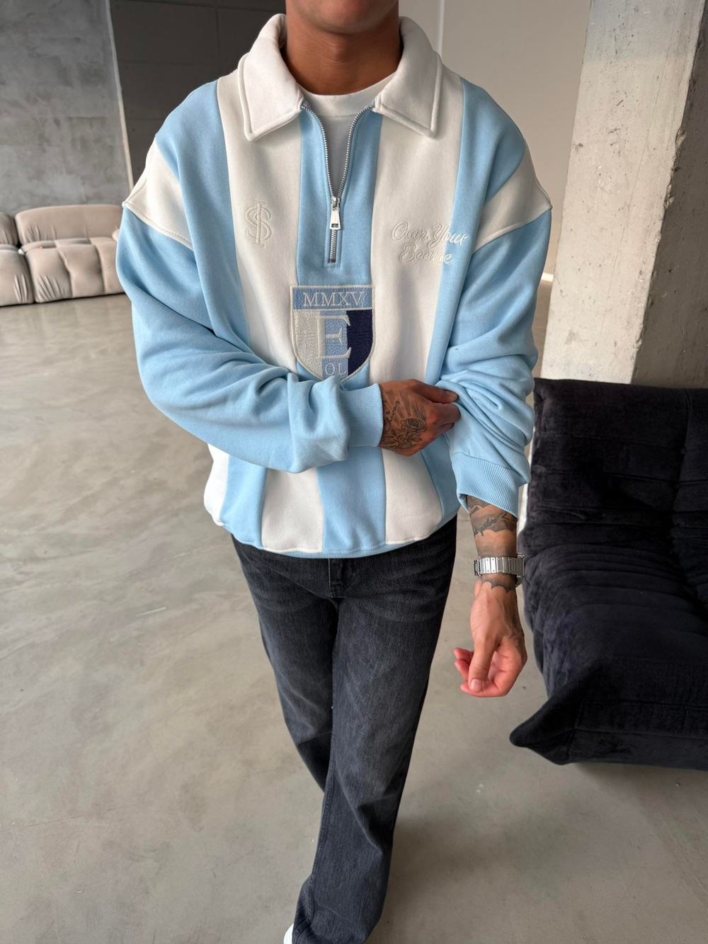 Essence Cizgili Yarım Fermuar Sweat - Bebe Mavi