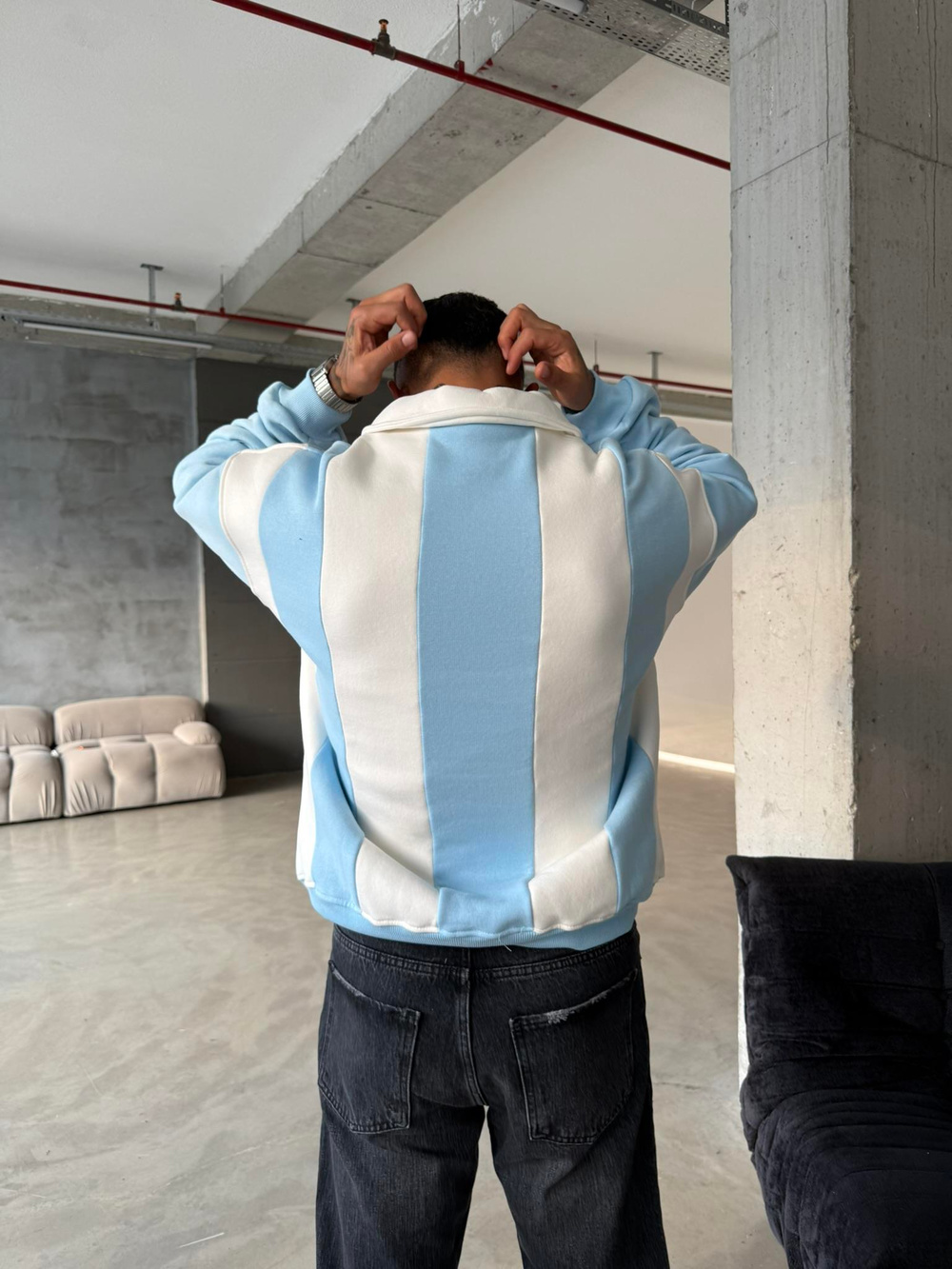 Essence Cizgili Yarım Fermuar Sweat - Bebe Mavi