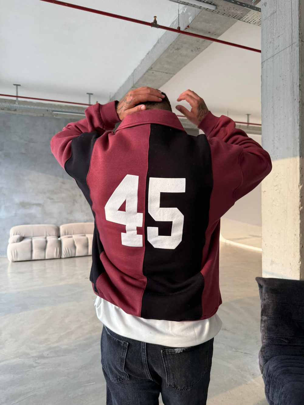 Essence Cizgili Yarım Fermuar Sweat - Bordo