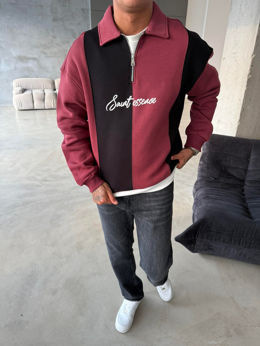 Essence Cizgili Yarım Fermuar Sweat - Bordo