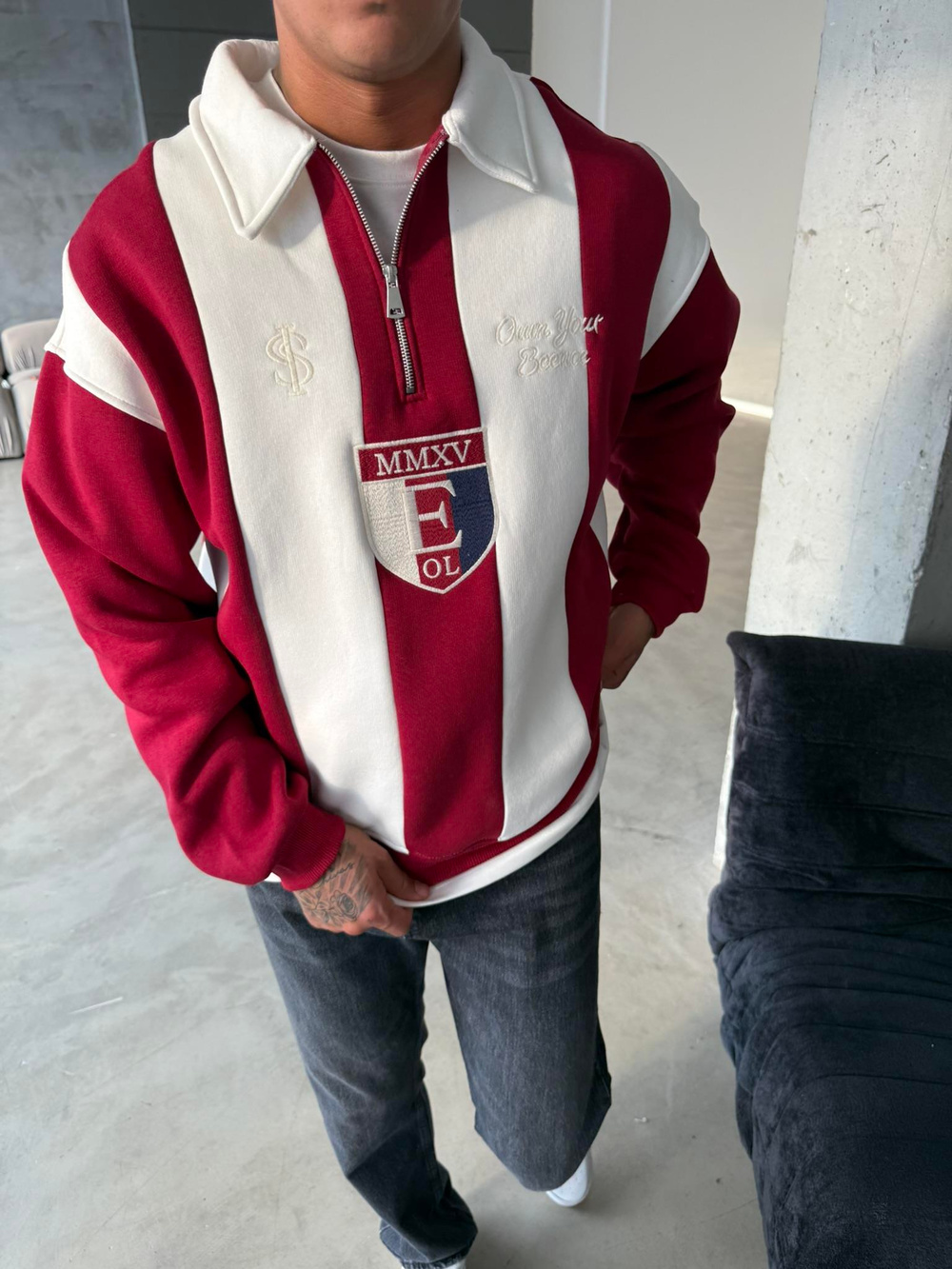 Essence Cizgili Yarım Fermuar Sweat - Kırmızı