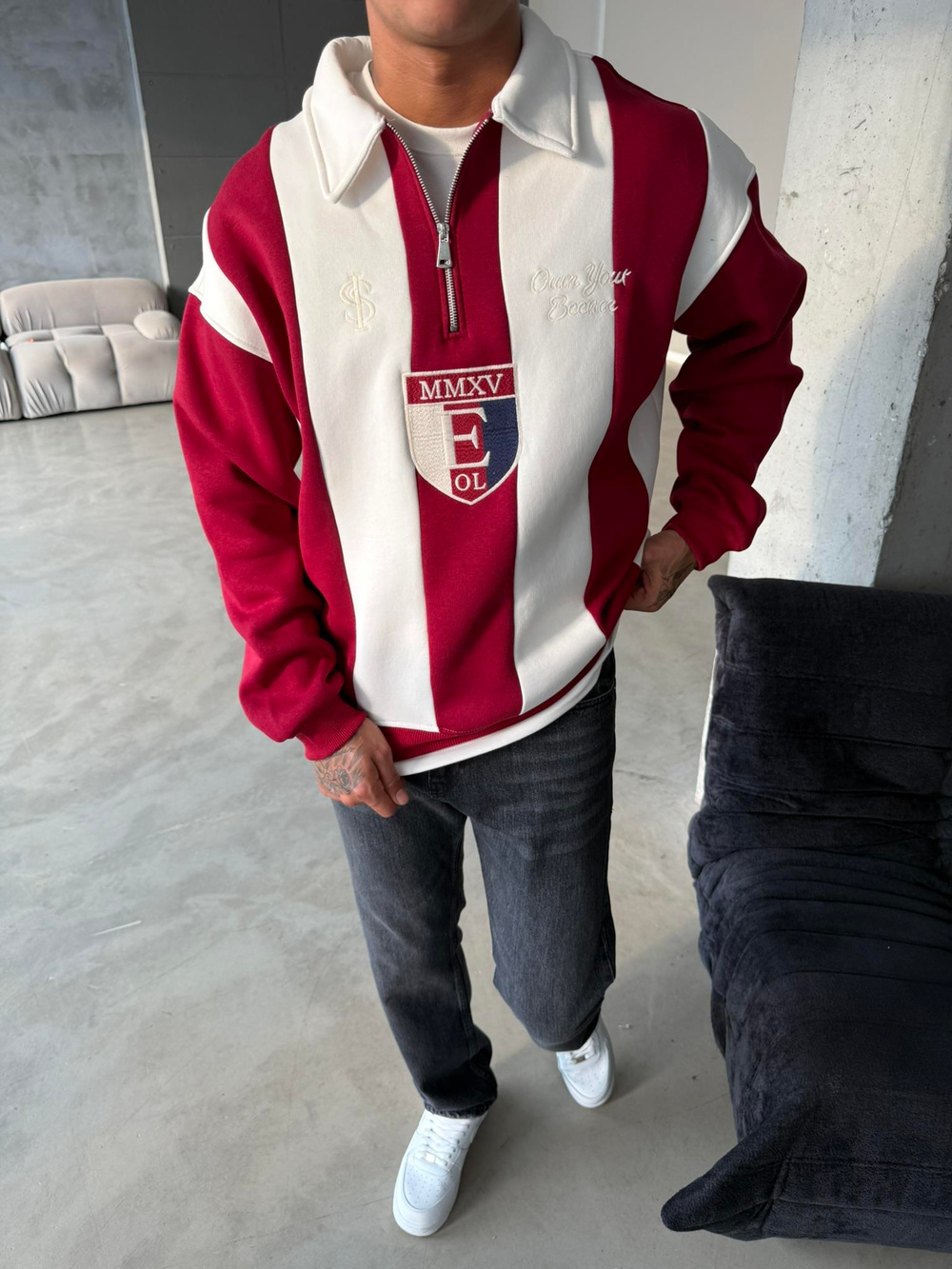 Essence Cizgili Yarım Fermuar Sweat - Kırmızı